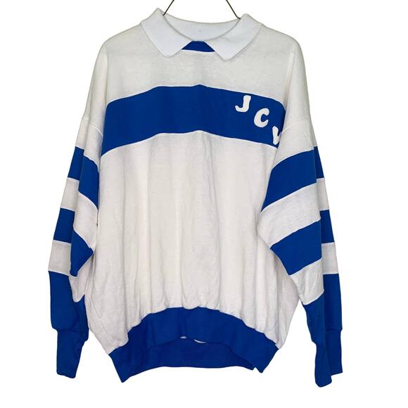 VTG 70s 80s royal blue & white collared JCW initial pullover‎ sweatshirt Size XL - Picture 1 of 6